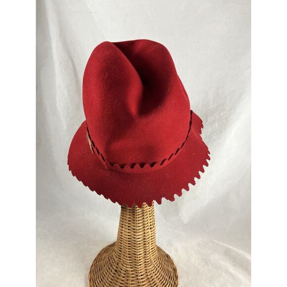 Frank's Girl by Frank Olive Red Wool Hat Feather Accent Fawn Finish Vintage - Picture 2 of 10